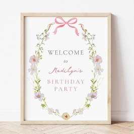 Rosa Wildblomma Bow Birthday Girl Välkomstskylt Poster
