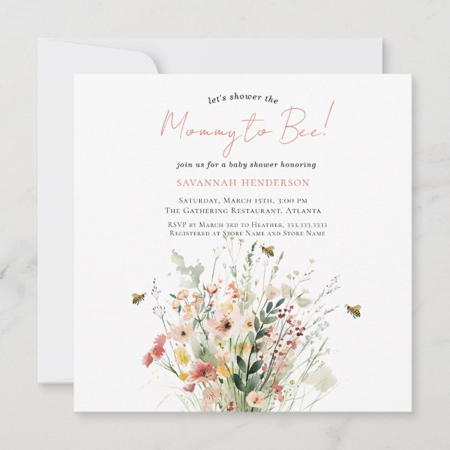 Rosa Wildblomma Mamma till Bee Baby Shower Inbjudningar (Framsida)