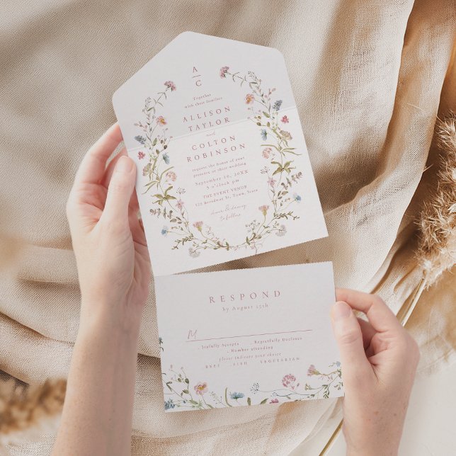 Rosa Wildblomma Rustic Boho Bröllop monogram (Pink Wildflower Rustic Boho Wedding monogram All In One Invitation)