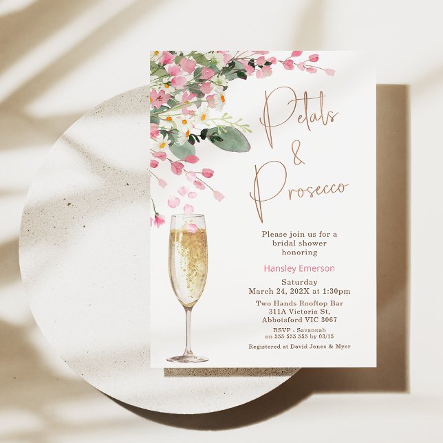 Rosa Wildblomman Petal Prosecco Möhippa Inbjudningar (Pink Floral Wildflowers Petal and Prosecco Bridal Shower Invitation. Wedding Shower Wildflower)