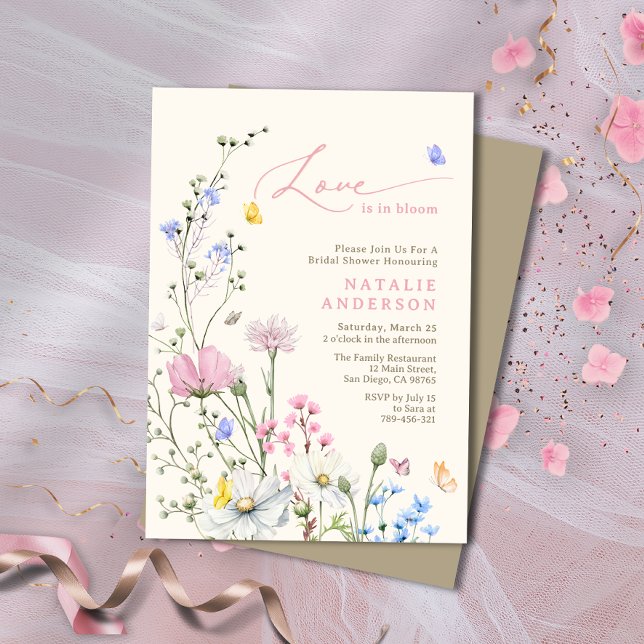  Rosa Wildblomme Kärlek i Bloom Möhippa Inbjudningar (Blush Pink Wildflower Love in Bloom Bridal Shower Invitation)