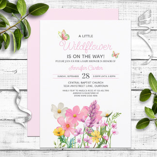 Rosa Wildblomme Theme Baby Shower Inbjudningar