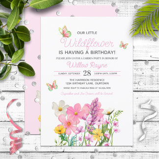 Rosa Wildblomme Theme Girl's Birthday Inbjudningar