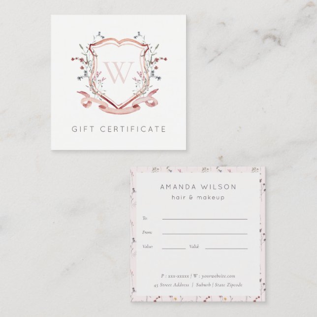 Rosa Wildblomme Vapensköld Monogram Gift Certifica Fyrkantigt Visitkort (Fram/baksida)