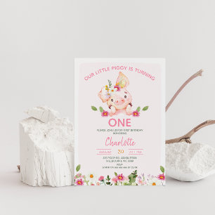 Rosa WildblommLittle Piggy 1st Birthday Party Inbjudningar