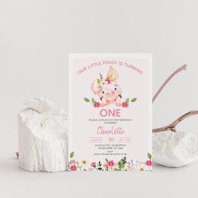 Rosa WildblommLittle Piggy 1st Birthday Party Inbjudningar (Editable Pig Birthday Invitation, Little Piggy 1st Birthday Invite, Little pig, Pink Floral Piggy )
