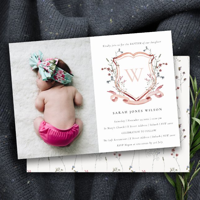 Rosa Wildblommonogram Vapensköld Photo Baptism Inbjudningar (Skapare uppladdad)