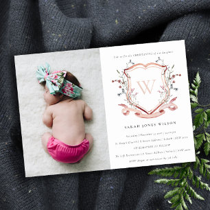 Rosa Wildblommonogram Vapensköld Photo Christening Inbjudningar