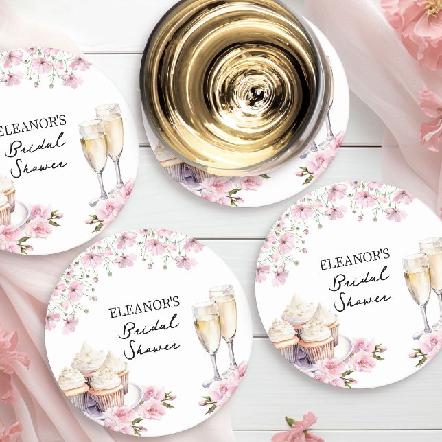 Rosa Wildblommor Champagne Glass och Muffinsar Underlägg Papper Rund (Coasters from Cupcakes and Cava Bridal Shower Collection by Darling & May)