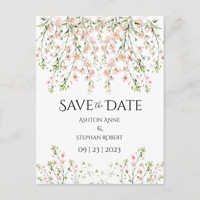 Rosa  Wildblommor Elegant Blommigt Bröllop Spara Meddelande Vykort (Framsida)