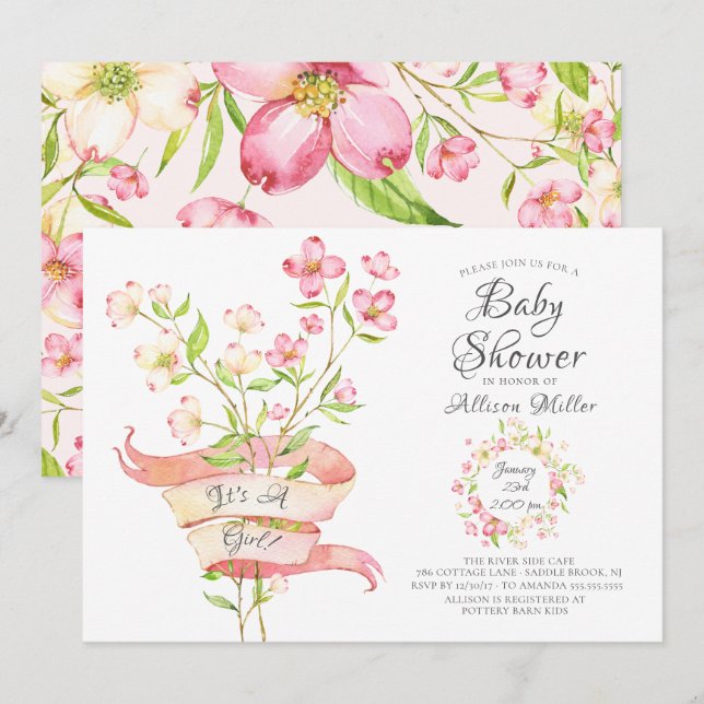 Rosa Wildblommor Girls Baby Shower-inbjudningar Inbjudningar (Fram/baksida)