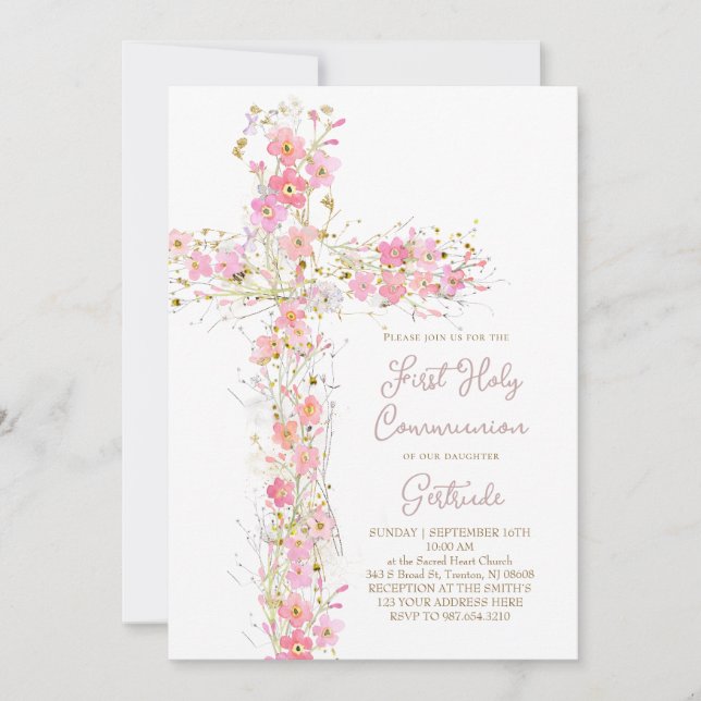 rosa wildblommor kor First Heliga Communion Inbjudningar (Framsida)