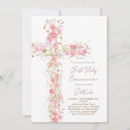 rosa wildblommor kor First Heliga Communion Inbjudningar