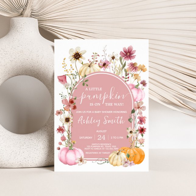 Rosa Wildblommor Pumpkin Baby Shower Inbjudningar (Wildflower Pumpkin Baby Shower Invitation
)