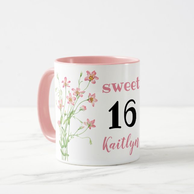 Rosa Wildblommor Sweet 16 Birthday Personalize Mug Mugg (Framsida vänster)