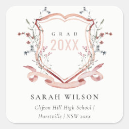 Rosa  Wildblommor Watercolor Vapensköld Studenten Fyrkantigt Klistermärke