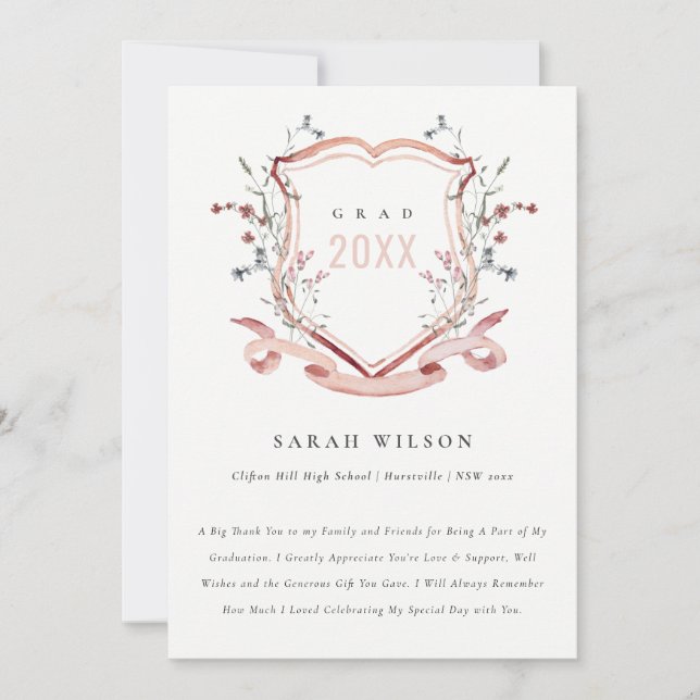 Rosa  Wildblommor Watercolor Vapensköld Studenten Tack Kort (Framsida)