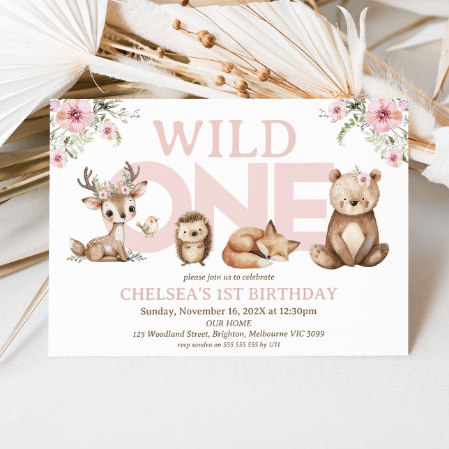 Rosa Wildblommor Woodland Vild 1 Inbjudningar (Pink Woodland Wild One 1st Birthday Invitation Girl, Pink Wildflowers Woodland First Birthday Invite)