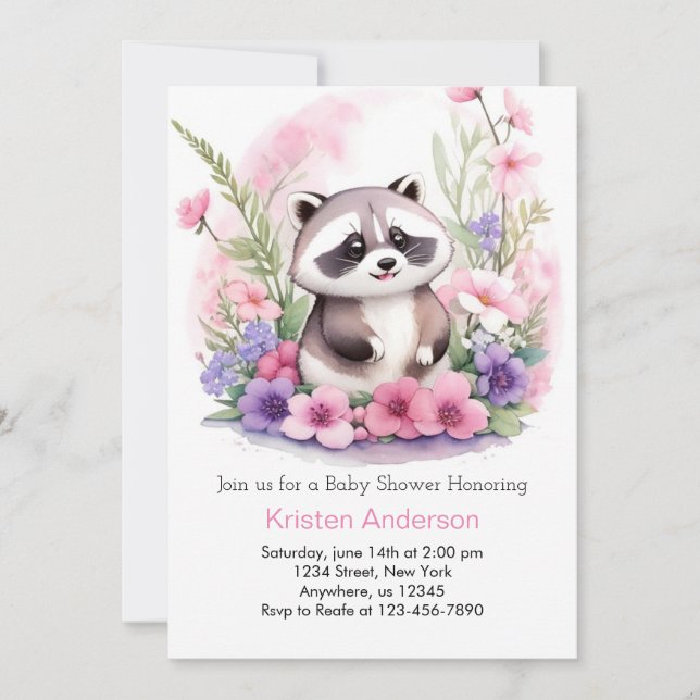 Rosa WildblomRaccoon Girl Baby Shower Inbjudningar (Framsida)