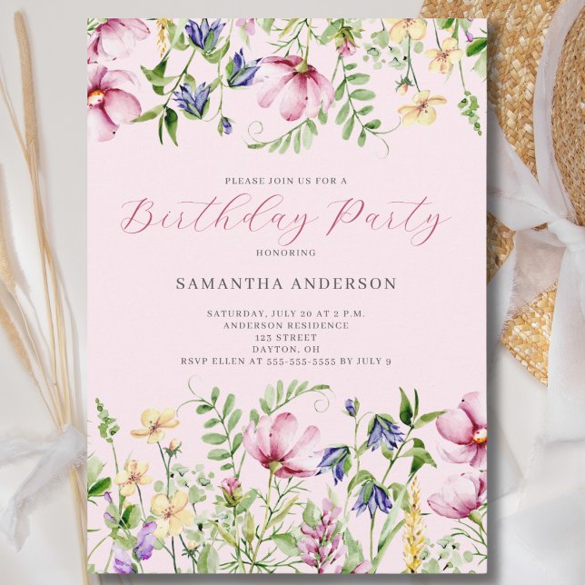 Rosa Wildbloms Blommigt Birthday-inbjudan Inbjudningar (Skapare uppladdad)