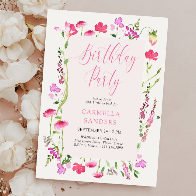 Rosa Wildbloms Elegant Feminine Födelsedagsfest Inbjudningar (Pretty Pink Wildflower Birthday Party Invitation by Darling & May)