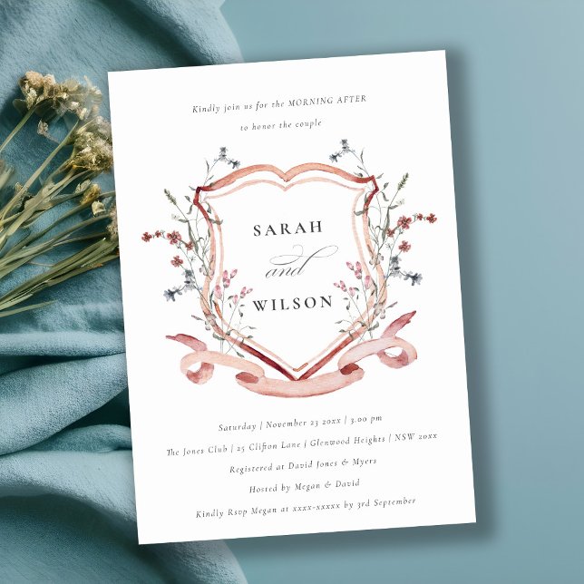 Rosa Wildbloms vattenfärgsfärg Vapensköld morgon e Inbjudningar (Skapare uppladdad)