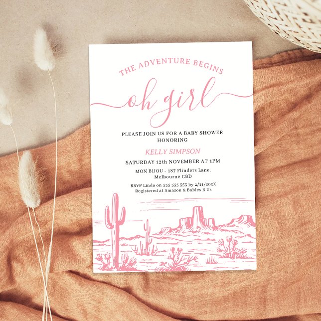 Rosa Wilderness Äventyr Begins Baby Shower Inbjudningar (Pink The Adventure Begins Baby Shower Invitation Girl, Wilderness, Western Desert, Oh Girl Wild West)