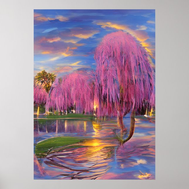 Rosa Willow träd vid solnedgången vid dammen Poster (Framsidan)