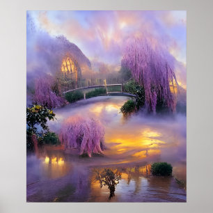 Rosa Willow träd vid solnedgången vid dammen Poster