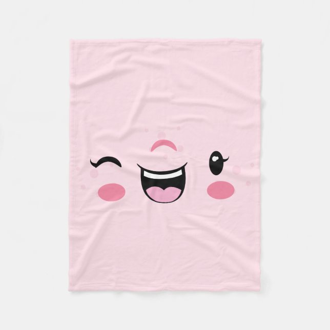 Rosa Winking Kawaii Ansikte Fleece Blanket (Framsidan)
