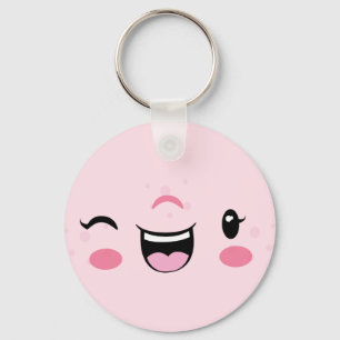 Rosa Winking Kawaii Ansikte Keychain Nyckelring