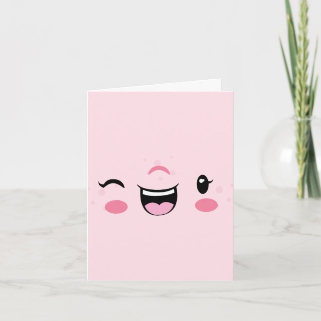 Rosa Winking Kawaii Ansikte Note Card Kort (Framsida)