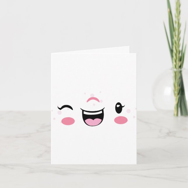Rosa Winking Kawaii Ansikte Note Card Kort (Framsida)