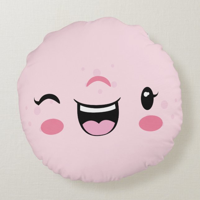 Rosa Winking Kawaii Ansikte Round Pillow Rund Kudde (Baksidan)