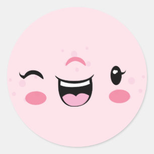 Rosa Winking Kawaii Ansikte Stickers Runt Klistermärke