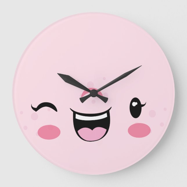 Rosa Winking Kawaii Ansikte Wall Clock Stor Klocka (Framsida)