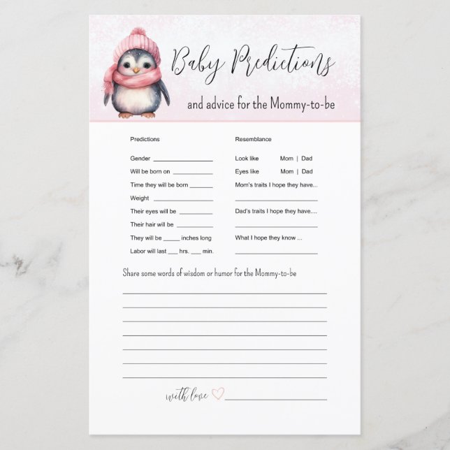 Rosa Winter Baby Predictions Baby Shower Game (Framsida)