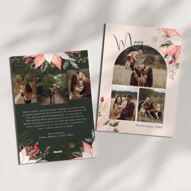 Rosa Winter Blommigt Arch Merry Sex fotojul Julkort (Skapare uppladdad)