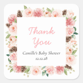Rosa Winter Blommigt Girl Baby Shower Tack Fyrkantigt Klistermärke