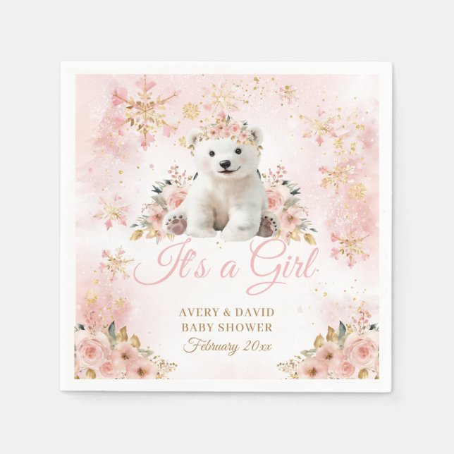 Rosa Winter Cute Bear a Girl Baby Shower Pappersservett (Framsidan)