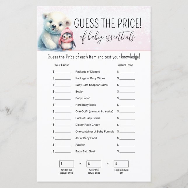 Rosa Winter Girl Baby Shower Guessing Game (Framsida)