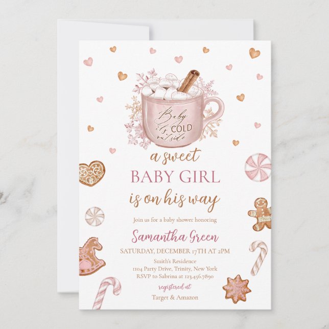 Rosa Winter Girl Baby Shower Inbjudningar (Framsida)