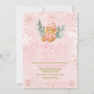 Rosa Winter Girl Bear Baby Det är Kallet utanför Inbjudningar