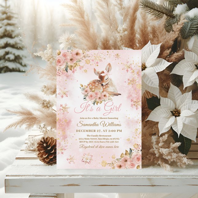 Rosa Winter Hjort sin flicka Baby Shower Inbjudningar (Skapare uppladdad)