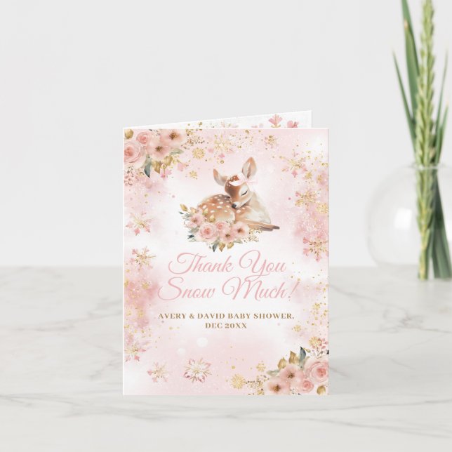 Rosa Winter Hjort sin flicka Baby Shower Tack Kort (Framsida)