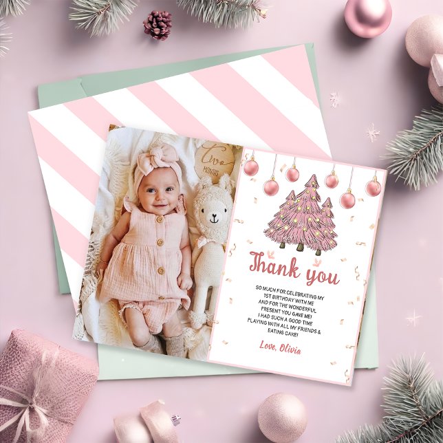 Rosa Winter Julgran Birthday Photo Tack Kort (Skapare uppladdad)