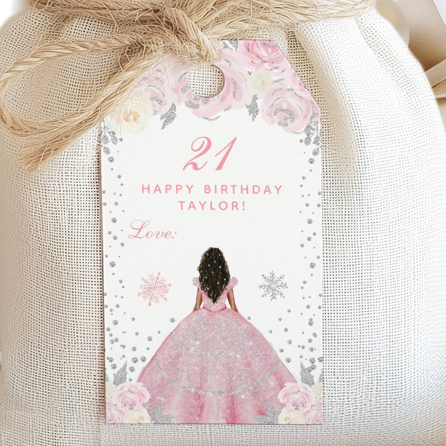 Rosa Winter Mörk Skin Princess Födelsedagsfest Presentetikett (Skapare uppladdad)