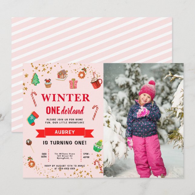 Rosa Winter Onederland Första födelsedagsinbjudan Inbjudningar (Fram/baksida)