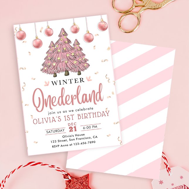 Rosa Winter Onederland Julgranar födelsedag Inbjudningar (Skapare uppladdad)