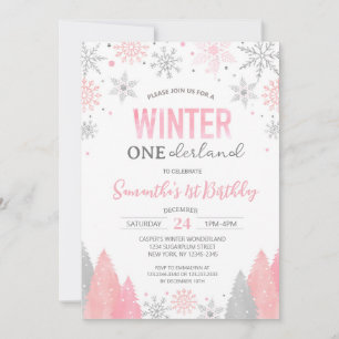 Rosa Winter Onederland Snöflingor 1:a födelsedag Inbjudningar